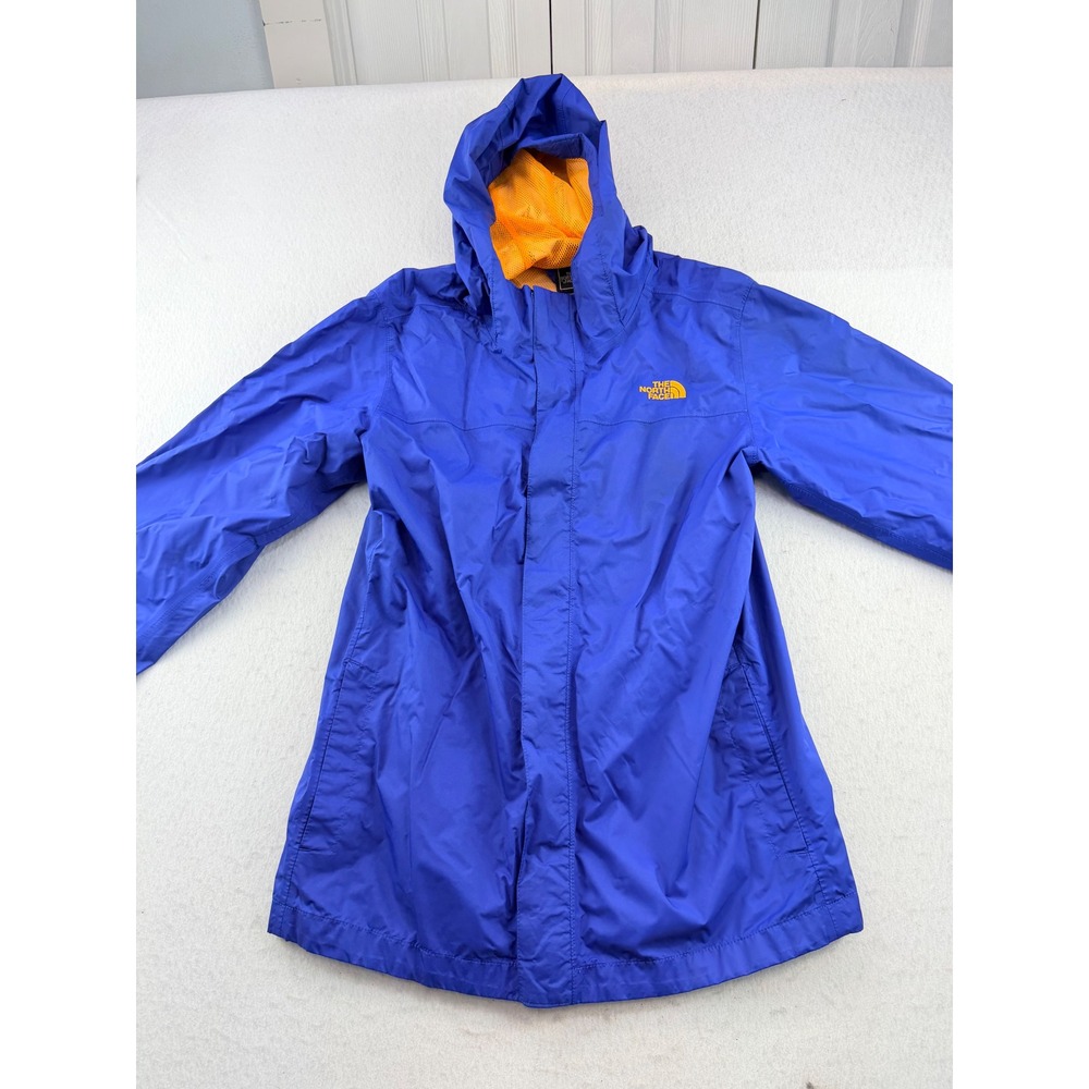 The North Face Boys XL 18/20 Blue Hooded Rain Jacket Orange Lined READ